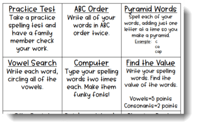 menu of choices for spelling activities