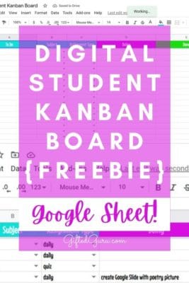 kanban board in google sheets with purple overlay and title digital student kanban board