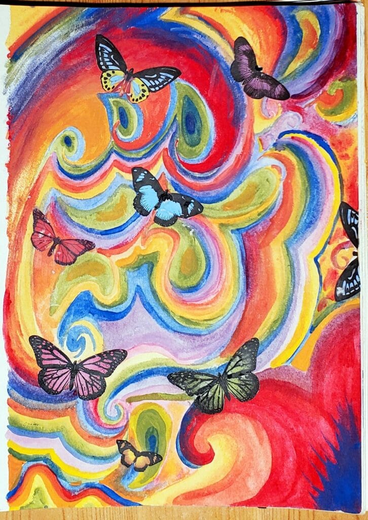 drawing of butterflies on multicolored background