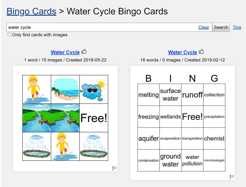 sample bingo cards of the water cycle one with images one without