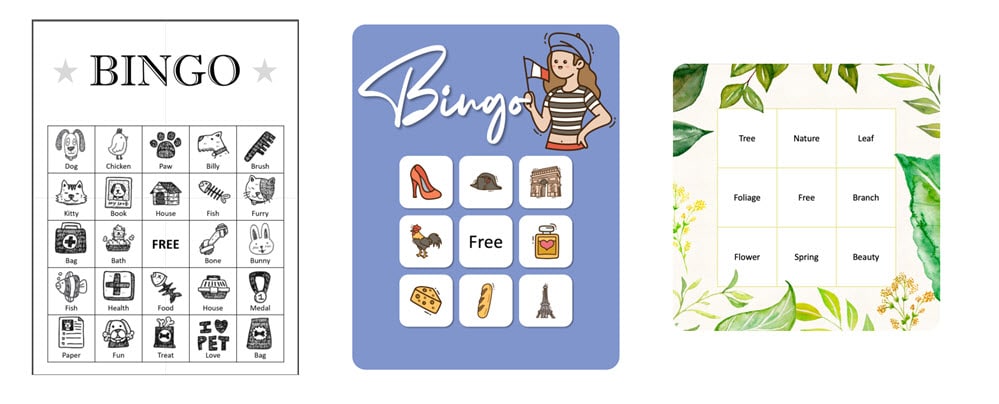 three bingo cards with different backgrounds and layouts