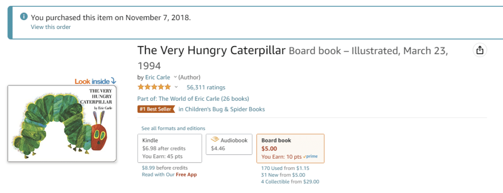 screenshot of purchase of The Very Hungry Caterpillar