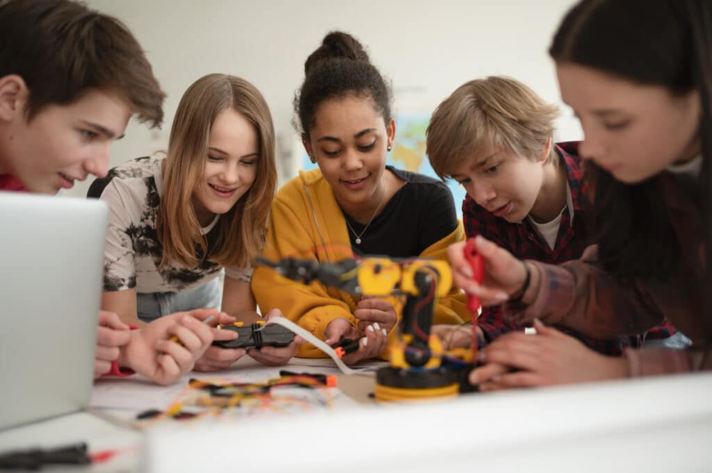 group of students working on robotics